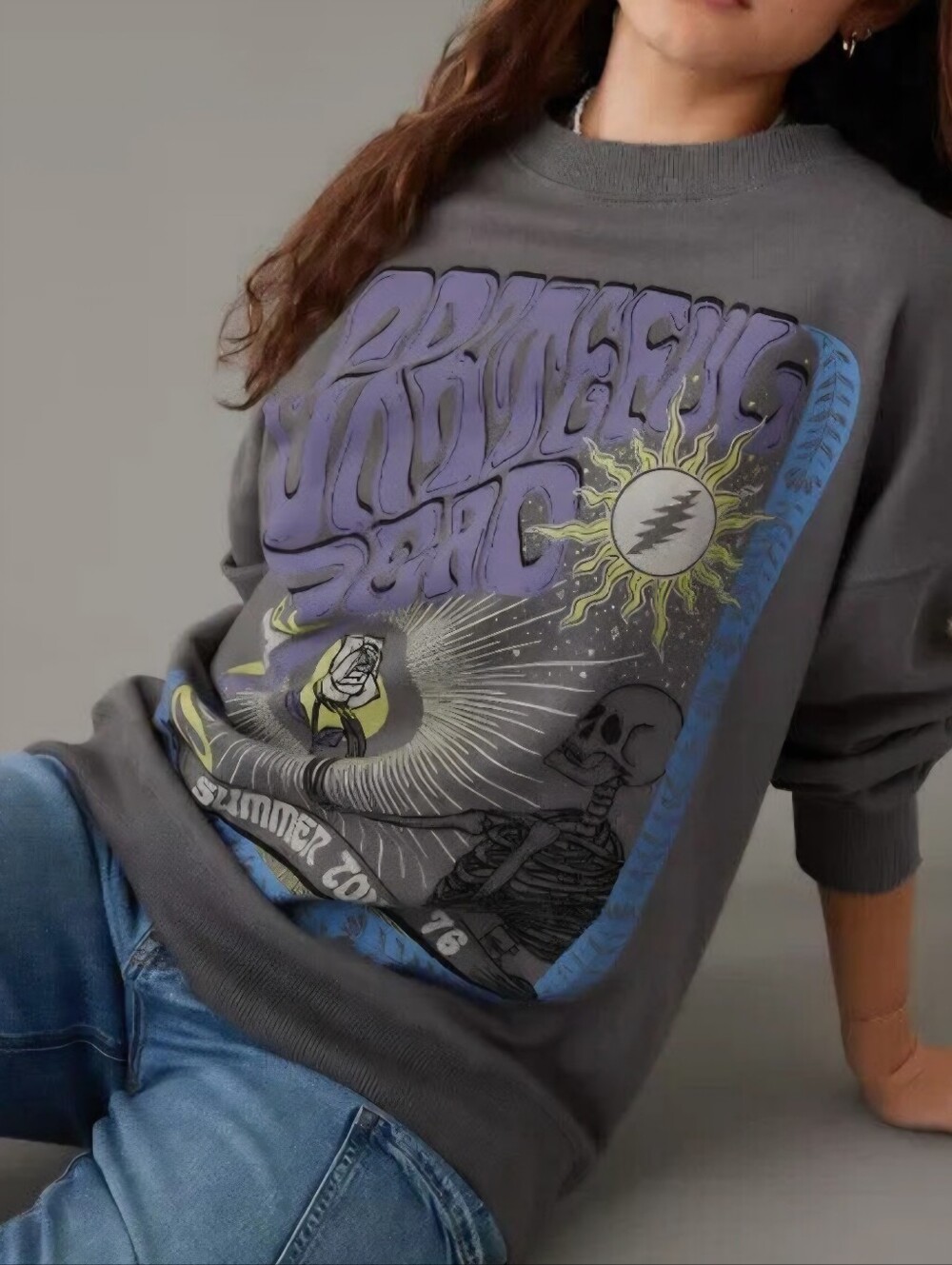 AMERICAN EAGLE Greatful Dead Vintage Graphic Gray Oversized‎ Band Sweatshirt XS